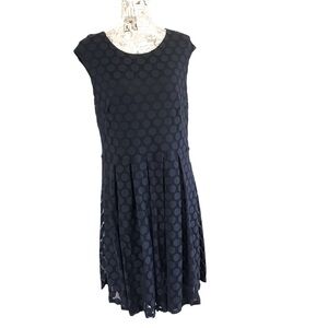 Michael Kors Navy Polka Dot Sheer Overlay Lined Pleated Midi Dress